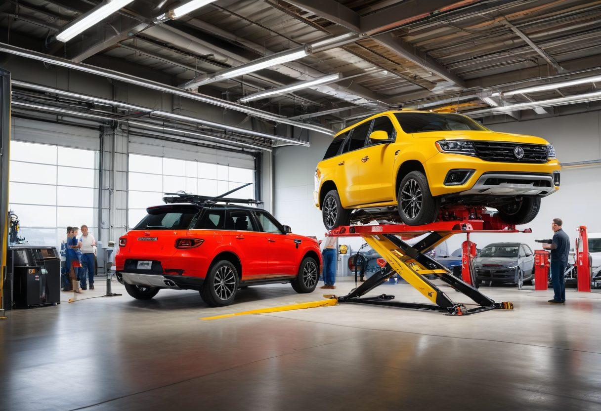 A vibrant workplace scene depicting happy employees using Mohawk Lifts, with lifted vehicles in the background. Include diverse workers smiling and collaborating around the lifts, showcasing increased productivity. The environment should be bright and engaging, reflecting a positive atmosphere. Emphasize modern design and technology in the lifts. super-realistic. vibrant colors. 3D.