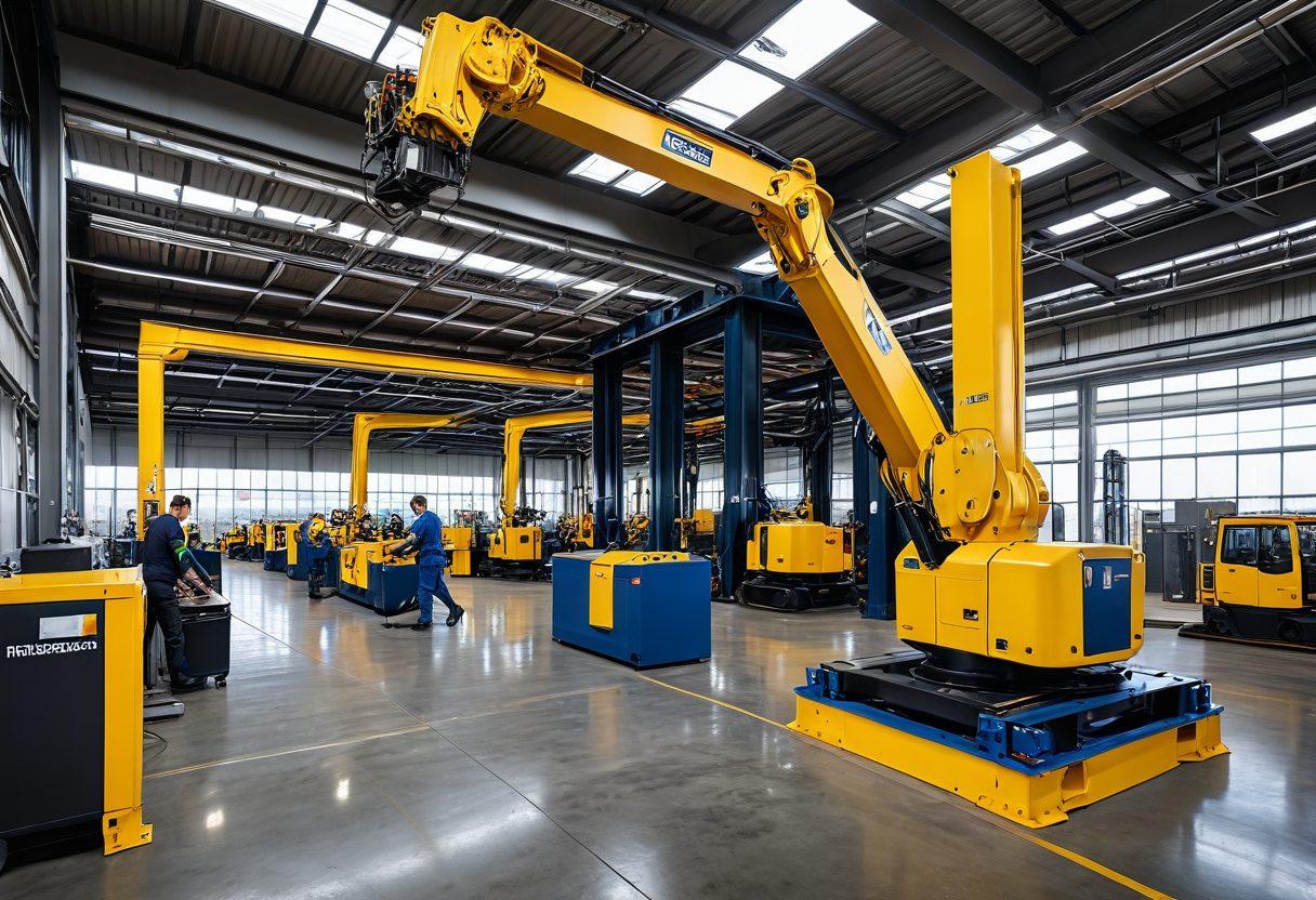 A dynamic scene showcasing a modern industrial environment with cutting-edge lifting machinery in action, elevating heavy loads with ease. Include a diverse team of professionals observing the process, highlighted by innovative technology and machinery designs. Showcase vibrant colors to emphasize energy and efficiency in the workspace. super-realistic. industrial style. vibrant colors.
