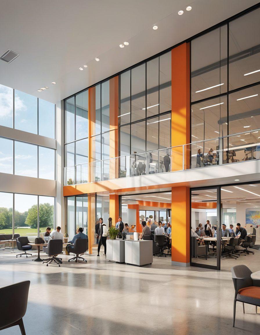 A bustling modern workplace with employees using Mohawk Lift solutions, showcasing happy expressions. Highlight various lifts in action, ensuring safety and productivity. Include bright, inviting colors and elements of teamwork, like collaboration and innovation. The background features a sleek, contemporary office design. super-realistic. vibrant colors. dynamic composition.